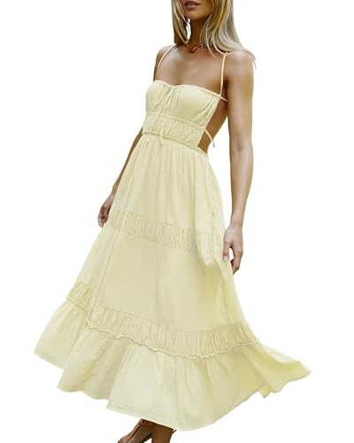Image of VIUTIL Flowy Maxi Dress for Women Summer Cotton Backless Beach Long Dress with Pockets 2026