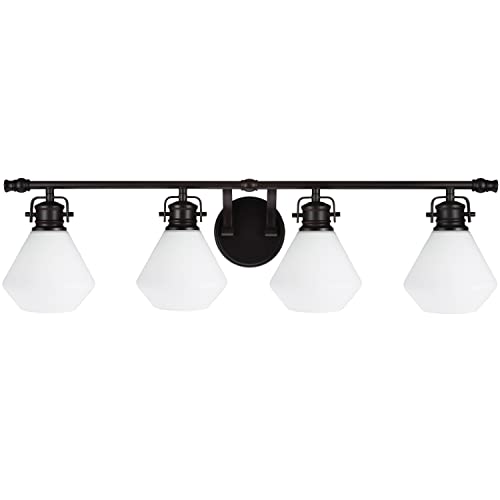 Image of Aspen Creative 62092, Four-Light Metal Bathroom Vanity Wall Light Fixture, 32 inch Wide, Transitional Design in Bronze with Opal Glass Shade