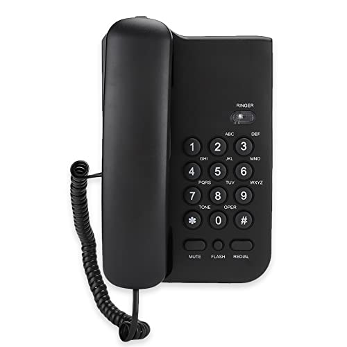 Landline Phone, Wired Desktop Wall Mount Corded Telephone English Extension Phone with Mute/One- Redial/Flash Function for Home, Office, Hotel(Black)