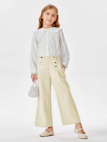 Image of Haloumoning Girls Wide Leg Pants Kids Fashion Elastic Waist Front Button Trousers with Pockets 5-14 Years