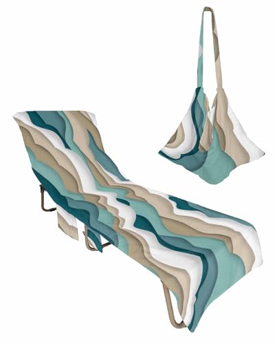 Ombre Geometric Beach Chair Towel Covers for Chaise Lounge with Side Pocket, Soft Plush Pool Towels Cover for Patio Sunbathing Outdoor Turquoise Brown White Nautical Sea Waves 29''x85''