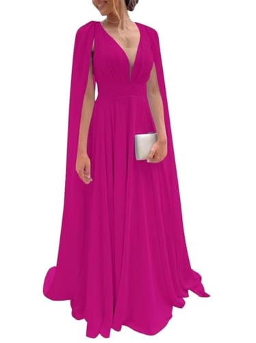 Image of Chiffon Bridesmaid Dress for Women Cape Sleeve V-Neck Formal Evening Gowns with Pocket LBC020
