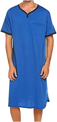 Generic Nightgown for Men Short Sleeve V Neck Nightshirt Loose Fit Solid Color Sleep Shirts Comfy Soft Lightweight Nightwear 2024 Blue, X-Large