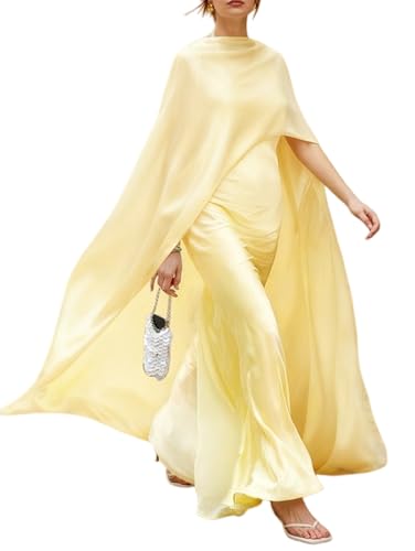 Hedovan Women Chiffon Cape Poncho Sheer Mesh Long Shawl Wrap High-Low Capelet Bridal Wedding Evening Dress Cover Up(Flowy Yellow One Size)