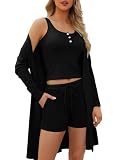 SWOMOG Women's 3 Piece Ribbed Knit Lounge Sets Pajama Sets Cardigan Loungewear Robe Tank Top and Shorts with Pockets, Black XX-Large