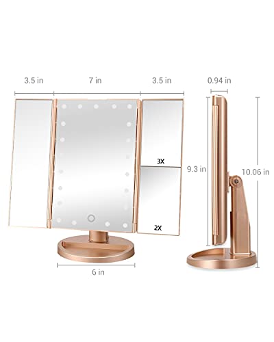EASEHOLD Lighted Makeup Mirror Tri-Fold Dimmable 21 LED Lights Vanity Mirror 2X 3X Magnifying 180 Degree Adjustable with Touch Screen Dual Power Supply Countertop Cosmetic Mirror