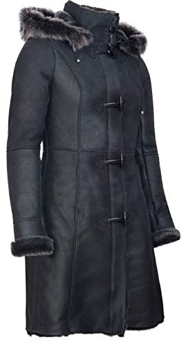 Infinity Leather Ladies Black Snowtip Merino Shearling Sheepskin Hooded Duffle Coat3