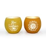 Sonnenblumen Deko Glas Teelichthalter 2er Set - Shine Like a Sunflower Inspirierende Geschenke für Frauen, Mama & Freundin - Gelbe Tischdeko für Sommer & Herbst - Windlicht Kerzenhalter
