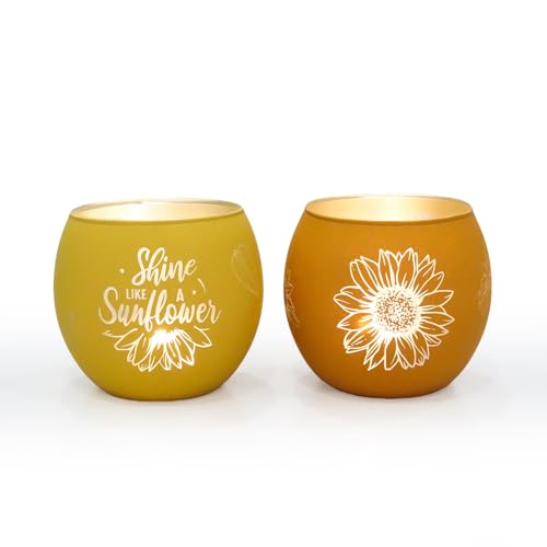 Sunflower Gifts for Women, Set of 2 Glass Tealight Candle Holders for Table Decor, Shine Like a Sunflower Inspirational Gifts for Friends, Mom, Yellow Room Decorations, Summer Fall Centerpieces