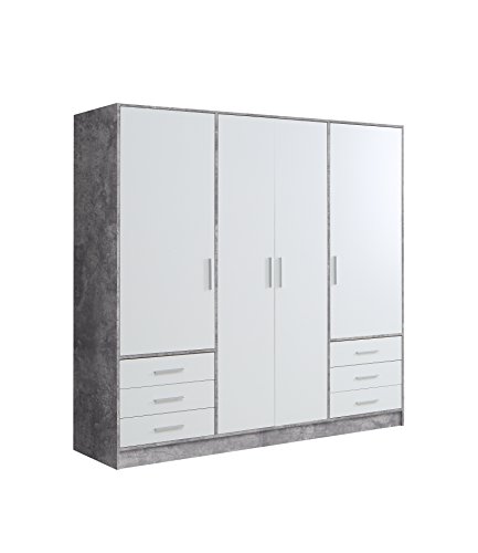 FORTE-Jupiter-Kleiderschrank-4-tuerig-6-Schubkaesten-Holzwerkstoff-Betonoptik-Lichtgrau-Weiss-2065-x-60-x-200-cm