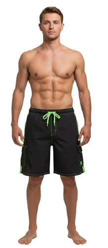 NORTY Men's Swimsuit Trunks - Swim Shorts for Beach, Boat, and Watersports - Drawstring Waist and Cargo Pockets - Black/Lime, Large