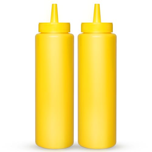 BRIGHTFROM Condiment Squeeze Bottles, YELLOW 8 OZ Empty Squirt Bottle with Wide Neck - Great for Ketchup, Mustard, Syrup, Sauces, Dressing, Oil, BPA FREE Plastic - 2 PACK