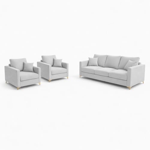 Image of Hayes Rich Velvet Suede 3+1+1 Seater Sofa Set | Golden Aesthetic Legs | Soft Touch Comfort Seating | 5 Person Seating | Modern Living Room Set (Light Gray)