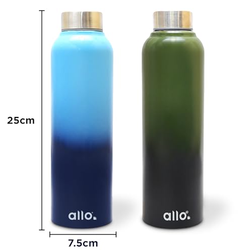 Image of Allo Stainless Steel Water Bottle For Adults, Kids 1 Litre Water Bottles For School, Office, Sports, Gym 1L Water Bottle For Men And Women, Pack Of 2| Leak Proof, Bpa Free, Light & Dark Blue Steel Cap