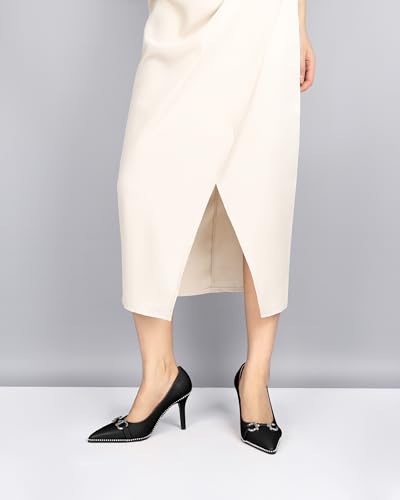 Soireelady Women's Beaded Pumps High Heel Slip On Stilettos Heels Pointy Closed Toe Buckle Bow Dressy Comfortable Shoes 3.5 Inches Black Matte US Size 9.52