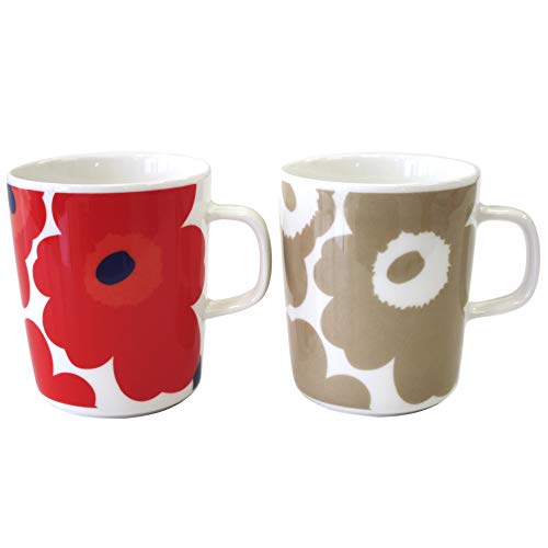 マリメッコ UNIKKO（ウニッコ）マグカップ (赤、ベージュ セット)