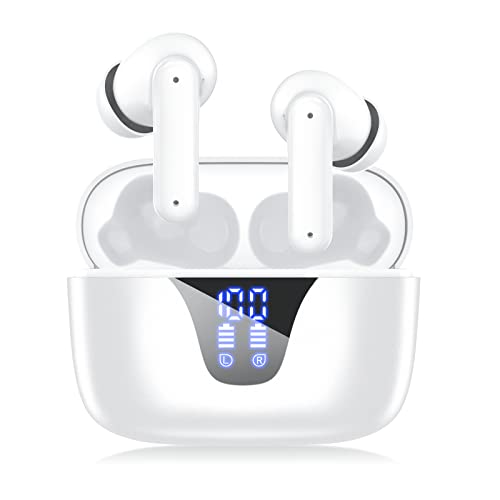 ZIUTY Wireless Earbuds, Bluetooth 5.3 Headphones 50H Playtime with LED Digital Display Charging Case, IPX5 Waterproof Earphones with Mic for Android iOS Cell Phone Computer Laptop Sports (White)