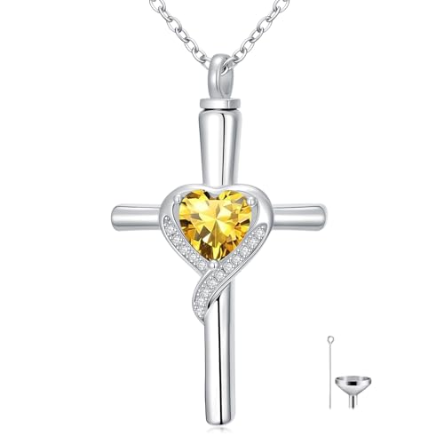 TOUPOP Cross Urn Necklaces for Ashes Birthstone Cremation Jewelry 925 Sterling Silver Crystal Memorial Keepsake Funeral Jewelry for Women (with Funnel Filler)