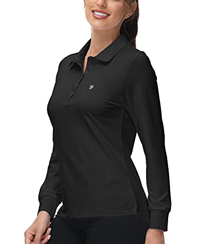 TBMPOY Women's Golf Polo Shirts Long Sleeve Tennins Tops Lightweight Quick Dry Athletic Slim Fit 4-Button Black L