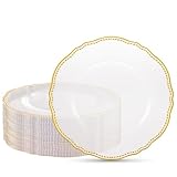 Hioasis 60pcs Clear Plastic Plates - Clear and Gold Disposable Dinnerware with Gold Rim, Heavy-duty, 10.25 inch, Dinner Plates for Party & Wedding