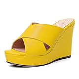 MODENCOCO Women's High Heel 4 Inch Casual Slip On Wedge Platform Matte Fashion Open Toe Heeled Dressy Sandals Yellow Size 11 - Zapatos Finos de Mujer de Tacon