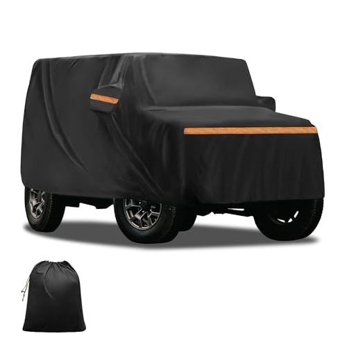 FUELHOOD Suzukiに対応ジムニー JIMNY JB23W用 車ボディカバー 自動車カバー 防水生地&5層構造 軽量・女性でも楽々 裏起毛 塗装面保護 運転席ジッパー付き/ドア開閉可能/忘れ物をしても安心 耐強風 防風ロープ/収納袋付き 日焼け/梅雨対策 車中泊 仮眠 暑さ対策 UVカット ブラック&オレンシテープ