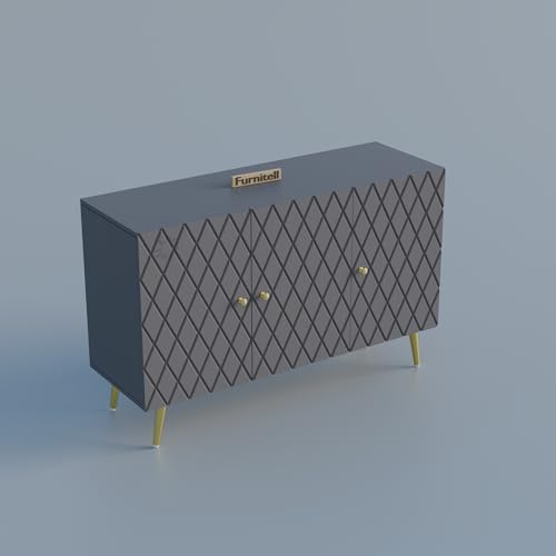 Image of Modern Wooden Storage Cabinet with 2 Doors | Geometric Design Sideboard /Cupboard for Living Room | Multipurpose Organizer for Bedroom & Entryway | HDMR Premium Wood | Gold Metal Legs(Grey)