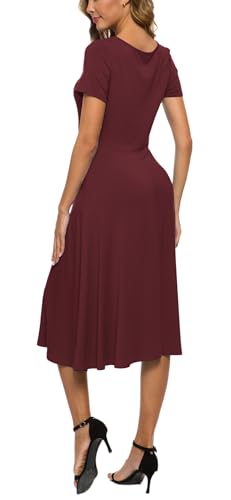 Image of EXCHIC Women's Casual Round Neck Short Sleeve Midi Dress Solid Stretchy Waist Knee Long Dress