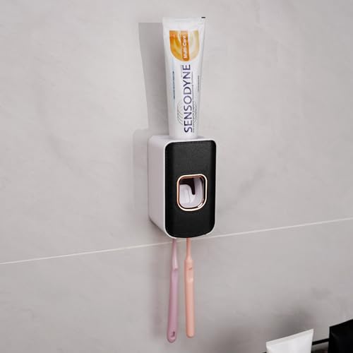 2 Slot Toothbrush Holder and Toothpaste Dispenser Wall Mounted, Automatic Toothpaste Squeezer, 2 in 1 Tooth Brush Toothpaste Organizer for Shower (Black 2Pack)