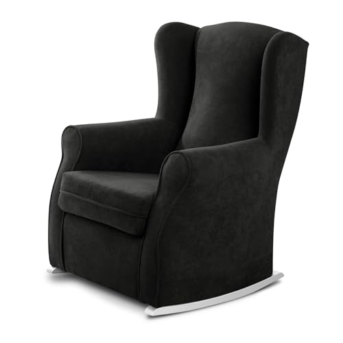 SUEÑOS ZZZ - Balancín Irene, sillón orejero de lactancia tapizado en tela anti manchas color Negro con balancín lacado en...