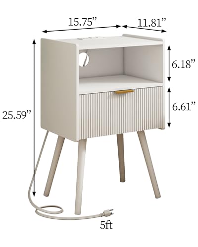 White Nightstand with Outlet,Modern Bedside Table with Storage Drawer and Open Wood Shelf, for Living Room, Bedroom and Small Spaces, Accent Night Stand with Solid Wood Legs, Easy Assembly