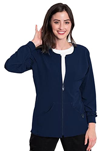 Med Couture Activate Zip Front Warm Up Scrub Jacket for Women, Navy, Large