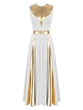 YOOJOO Women Metallic Gold Praise Dance Dress Liturgical Worship Costume Color Block Church Robe Long Dress White Medium