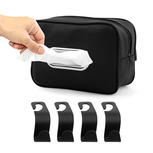 Car Tissue Box Holder, Backseat Rectangular Napkin Holder with 4 Hooks, Small 7.5in PU Leather Napkin Organizer with Metal Ring for Easy Pulling, Fits Headrest, Dashboard & Sun Visor(Color:Black)