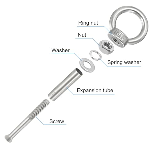 Image of PATIKIL Expansion Eye Bolt M10x90mm, 2 Pack 304 Stainless Steel Shoulder Anchors Eyebolt Screw with Eye Ring for Concrete Brick Walls Canopy Engineering Rigging Silver
