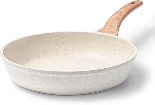 CAROTE Sartén de 20 cm blanca con mango de madera, revestimiento antiadherente de granito, sartén pequeña apta para inducción, sartén para tortilla sin PFOA, duradera, fácil de limpiar