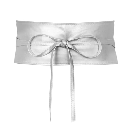 MILAKOO Metallic Holographic Silver Waist Obi Belt for Women Statement Belt Goth Retro Wide Corset Belt