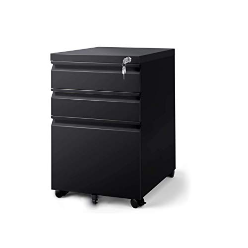 3 Drawers File Cabinet with Lock Under Desk Mobile Rolling File Cabinet with Wheels Fully Assembled Steel Office Pedestal File Storage Chest for Workplace Bookroom, Black