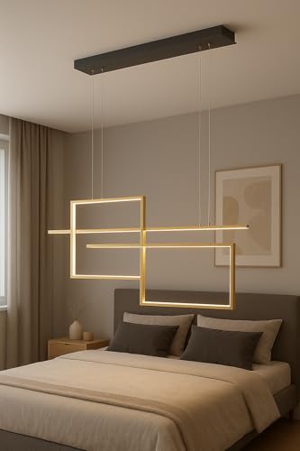 Image of Modern Geometric LED Pendant Chandelier Light | Rectangular Frame Hanging Ceiling Lamp | Warm White Decorative Linear Lighting Fixture | Premium Gold Finish | Ideal for Dining Room, Kitchen Island