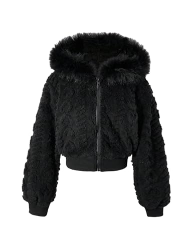 WDIRARA Girls Faux Fur Collar Zip Up Fleece Jackets Long Sleeve Hooded Teddy Outerwear Black 10Y