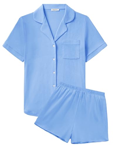 Ekouaer Cotton Pajamas for Women Set Short Sleeve Sleepwear Soft Button Down Pj Loungewear