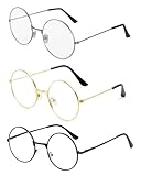 JEXOWIQ 3Pcs Occhiali rotondi unisex, costume da mago, lenti trasparenti in stile retrò anni Sessanta, occhiali finti, filo rotondo, accessori per travestimenti, occhiali classici dal design vintage