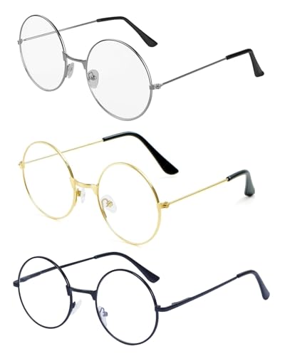 JEXOWIQ 3Pcs Occhiali rotondi unisex, costume da mago, lenti trasparenti