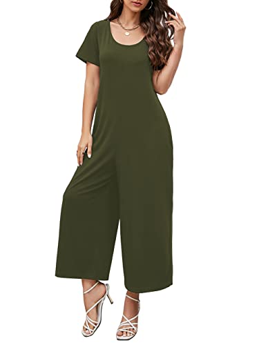 Btaiuo Womens Summer Loose Casual Romper Long Pants Fashion Short Sleeve Crewneck Jumpsuit With Pockets Large Army Green #TOP4