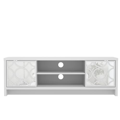 Galano Iris TV Stand – 2 Acrylic Mirror Door Entertainment Unit for TVs up to 60, Modern Storage Cabinet with Shelves – White
