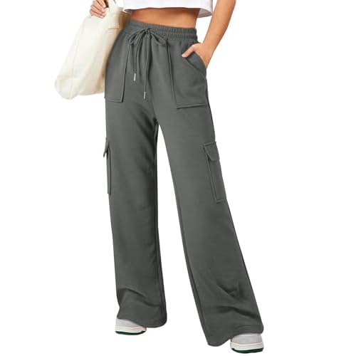 Aleumdr Women's Cargo Sweatpants High Waisted Wide Leg Pants Athletic Casual Baggy Sweat Pants with Pockets Medium Dark Grey
