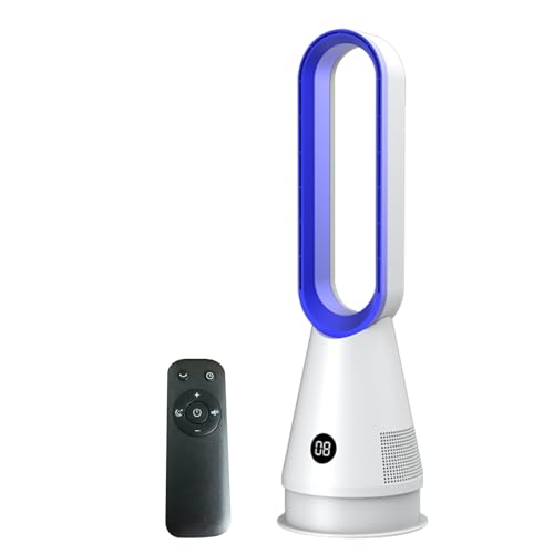 Rotorloser Ventilator, Turmventilator sehr Leise, Turmventilator mit Luftreiniger, 32dB, 80° Oszillation, 8 Geschwindigkeiten, 9h Timer, LED-Anzeige, Bladeless Fan für Schlafzimmer, Büro (Weiß Blau) Rotorloser Ventilator, Turmventilator sehr Leise, Turmventilator mit Luftreiniger, 32dB, 80° Oszillation, 8 Geschwindigkeiten, 9h Timer, LED-Anzeige, Bladeless Fan für Schlafzimmer, Büro (Weiß Blau)