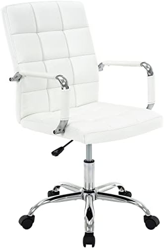 MFD LIVING High Back Desk Chair, Modern PU Leather Home Office Task Chair with Arms, Adjustable Swivel Computer Executive Chair with Wheels (Pearl White)