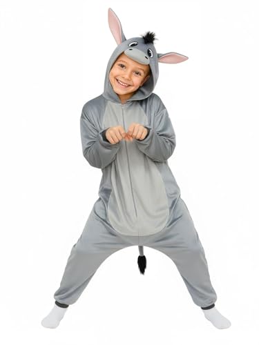 ROC PARTY Kids Hooded Animal Costume - Unisex Halloween Dress-Up Outfit & Cosplay Playwear for Boys & Girls Ages 4-12 (Grey Donkey 4-6 Years)