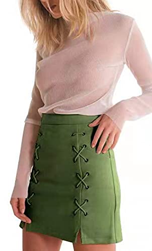 Katiewens Women's Classic High Waist Lace Up Bodycon Faux Suede A Line Mini Pencil Skirt Army Green #TOP1